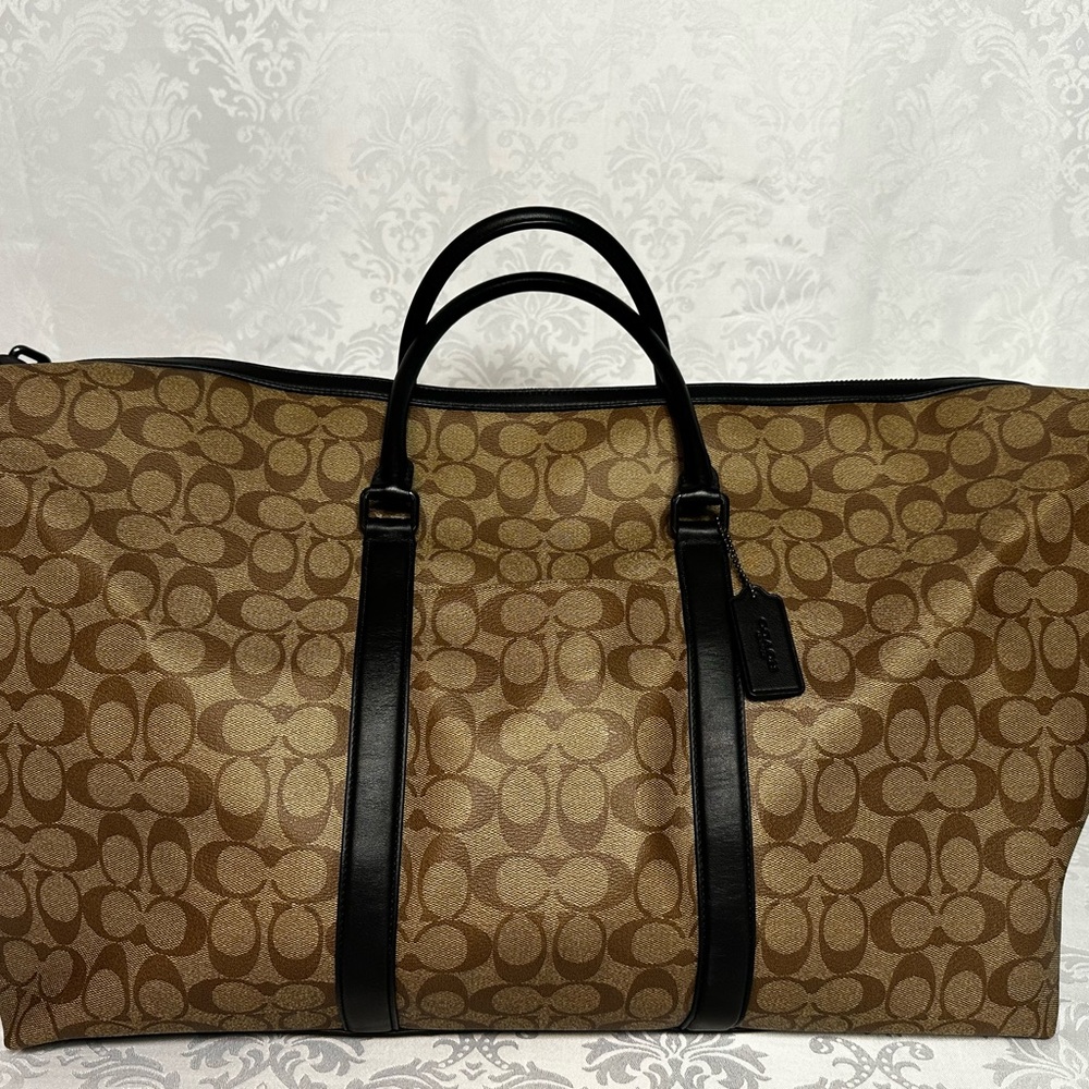Coach Brown Signature Canvas Duffel with Black Leather Handles